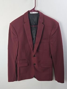 Zara Men's Slim Fit Wine-Red Two-Button Blazer Sz 36 Dressy Formal Special Event